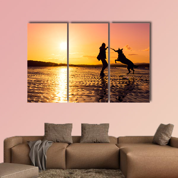 Hipster girl playing with dog at a beach during sunset, wall art