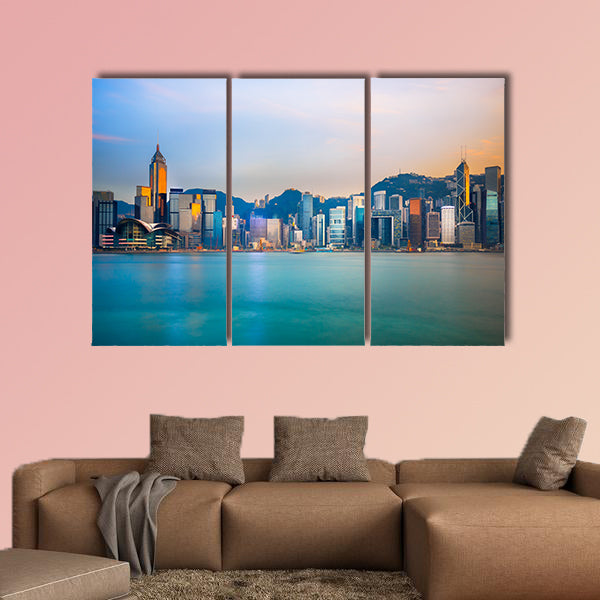 Hong Kong skyline in the evening over Victoria Harbor Multi panel canvas wall art