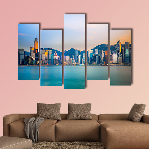 Hong Kong skyline in the evening over Victoria Harbor Multi panel canvas wall art
