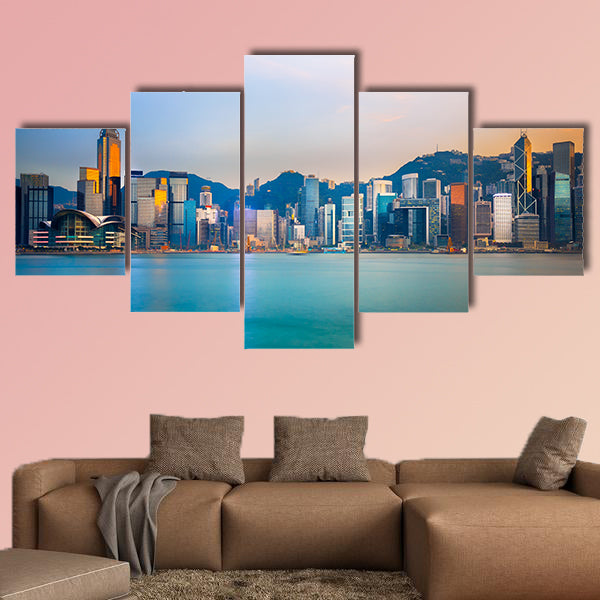 Hong Kong skyline in the evening over Victoria Harbor Multi panel canvas wall art