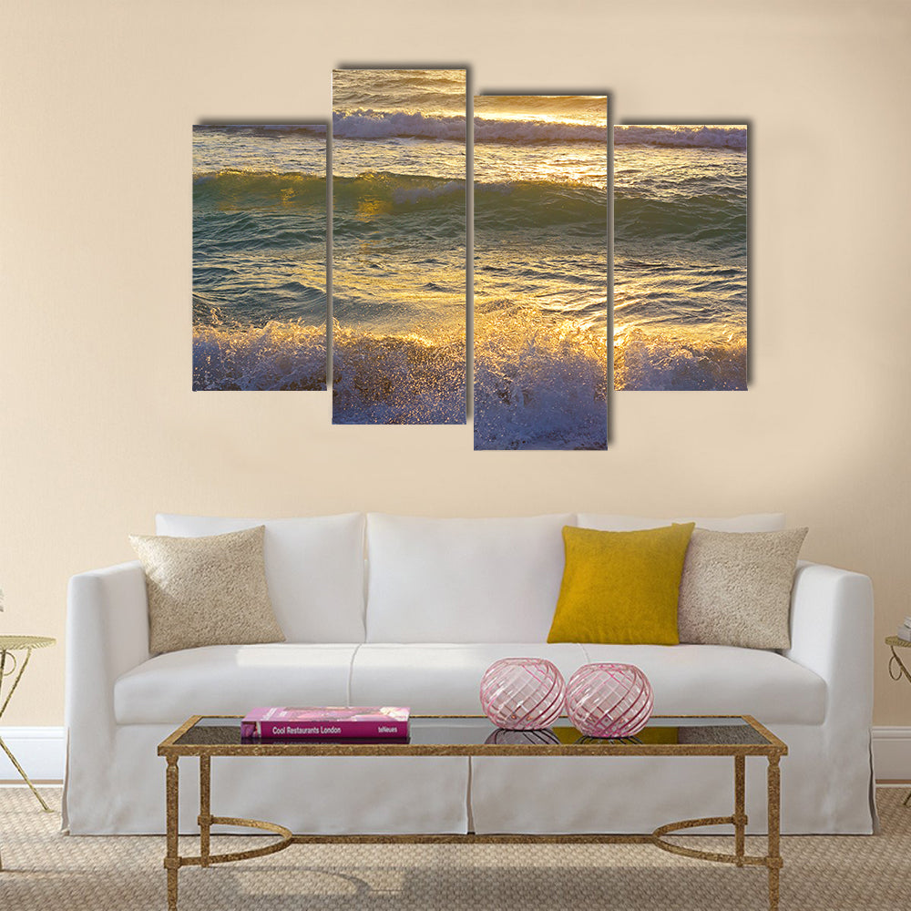 Ocean waves at sunrise in Miami Beach Florida. Sun shines on ocean waves in the morning Multi Panel Canvas Wall Art