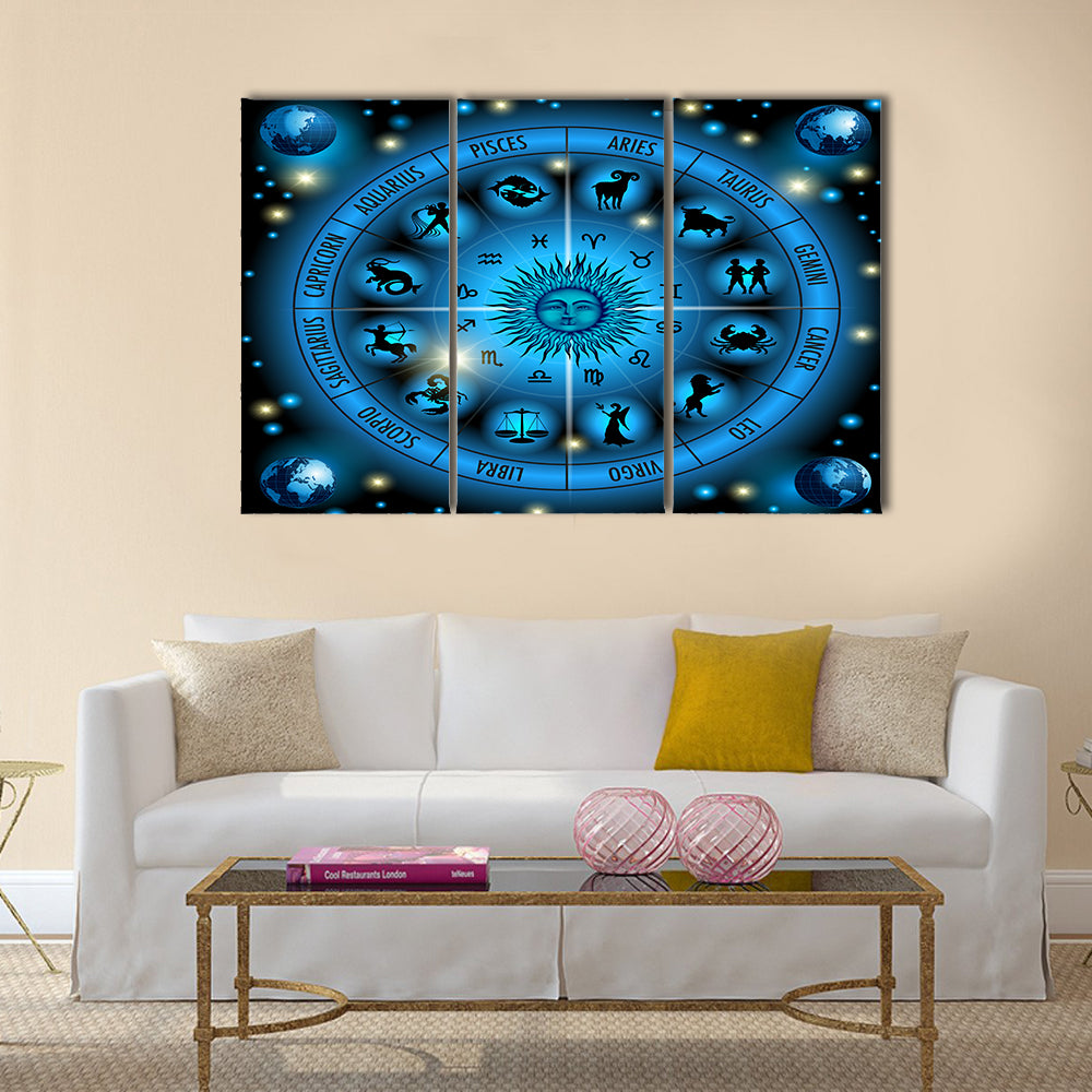 Circle Illustration Of Zodiac Signs Multi Panel Canvas Wall Art