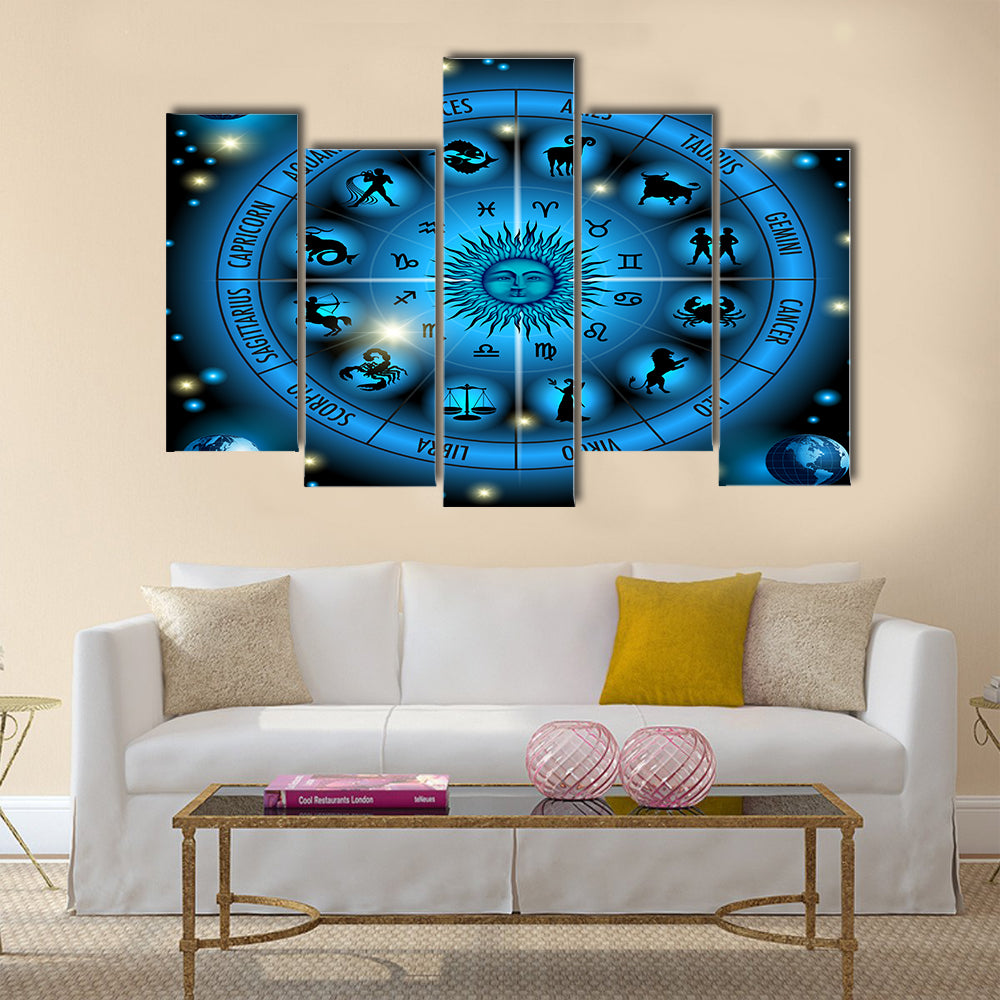 Circle Illustration Of Zodiac Signs Multi Panel Canvas Wall Art