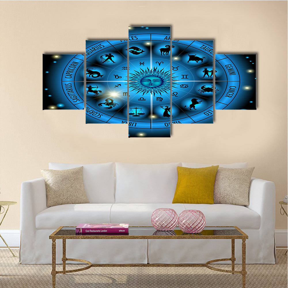 Circle Illustration Of Zodiac Signs Multi Panel Canvas Wall Art