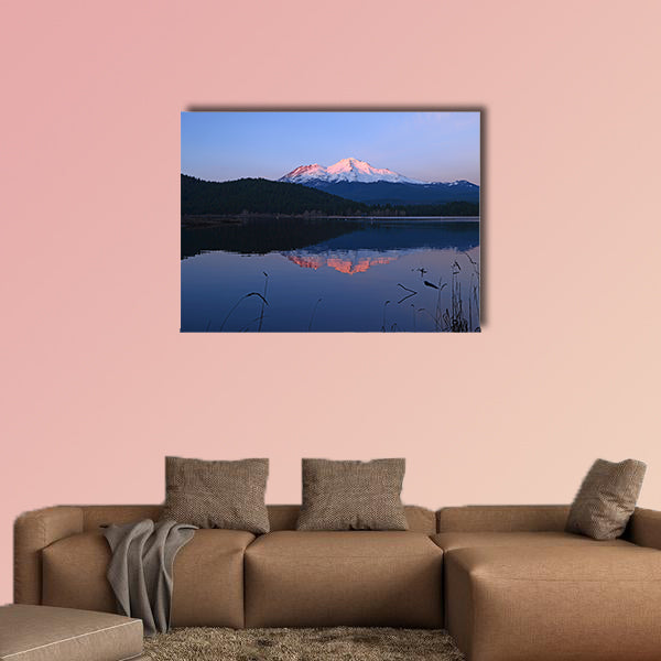 A reflection of Mount Shasta over a lake during sunset Multi panel canvas wall art