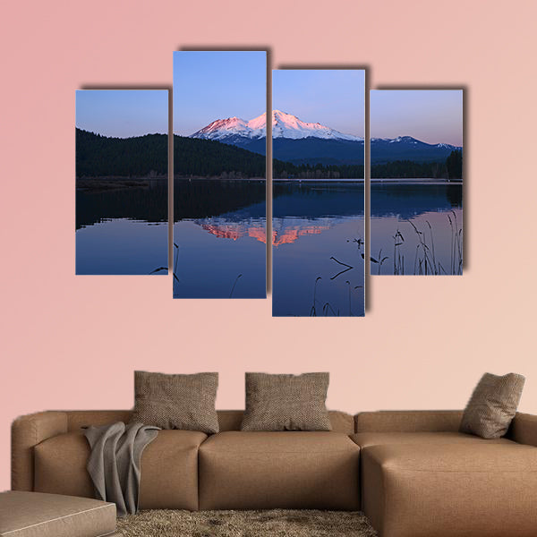 A reflection of Mount Shasta over a lake during sunset Multi panel canvas wall art