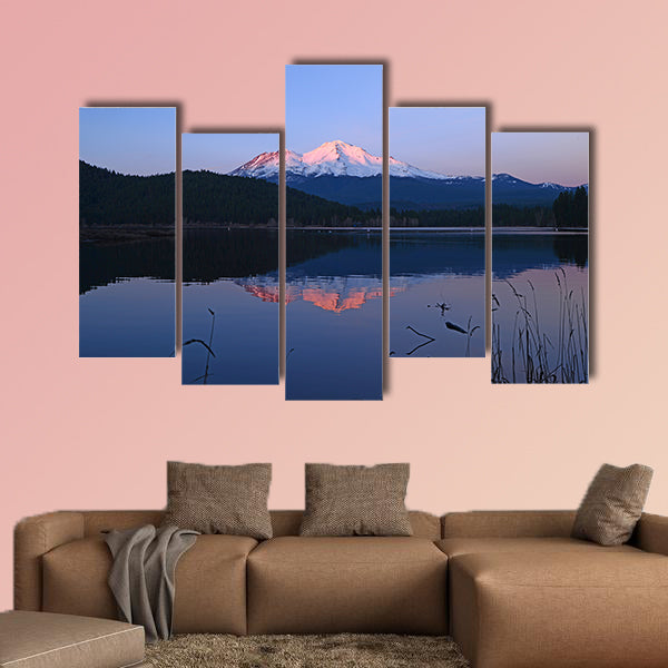 A reflection of Mount Shasta over a lake during sunset Multi panel canvas wall art
