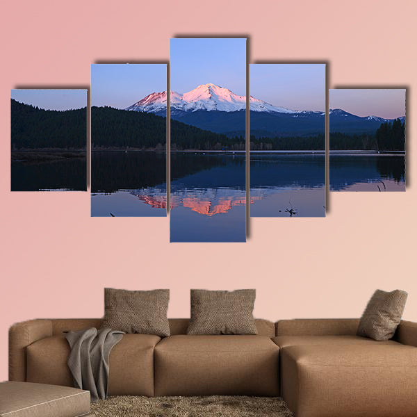 A reflection of Mount Shasta over a lake during sunset Multi panel canvas wall art