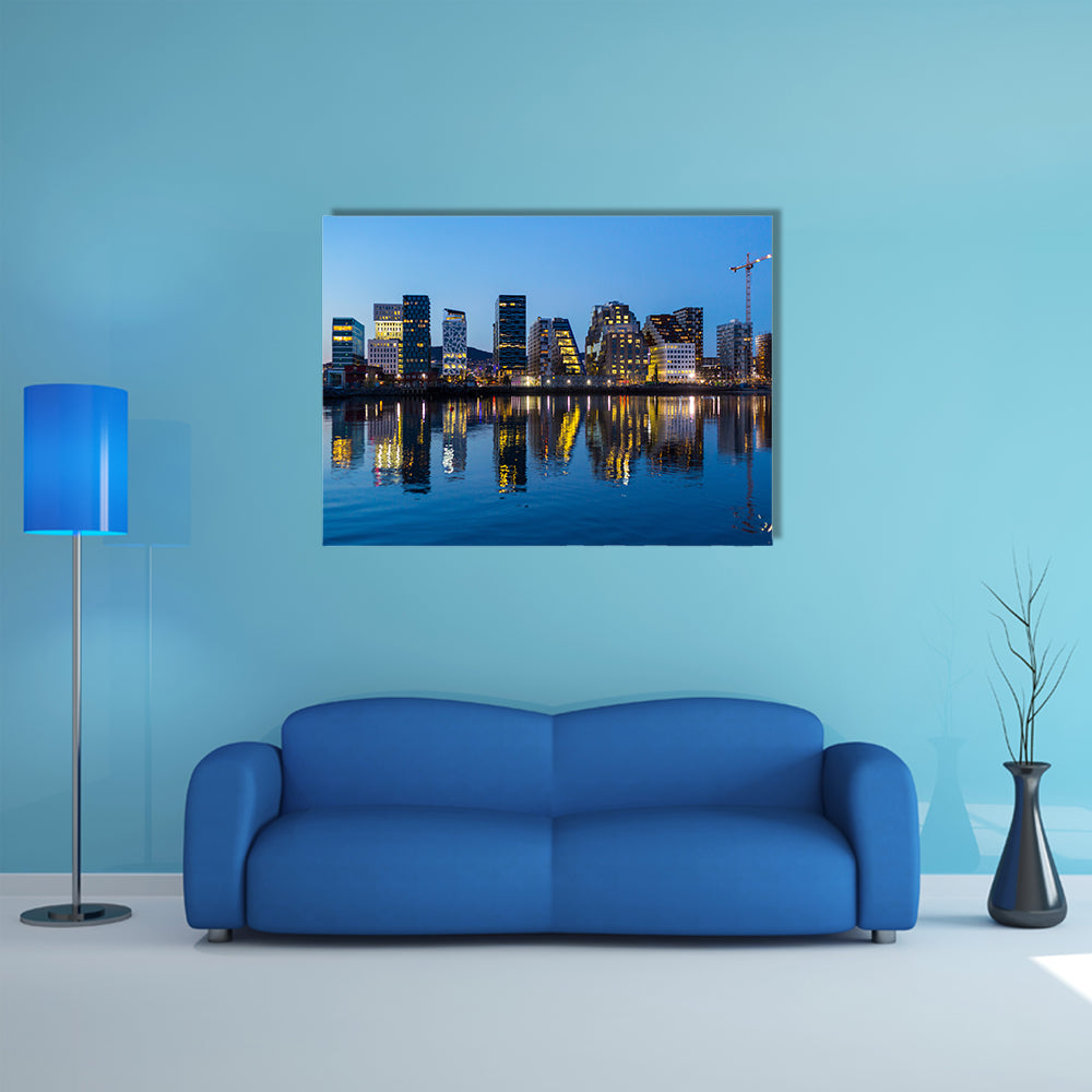 The Modern buildings in Oslo at twilight multi panel canvas wall art