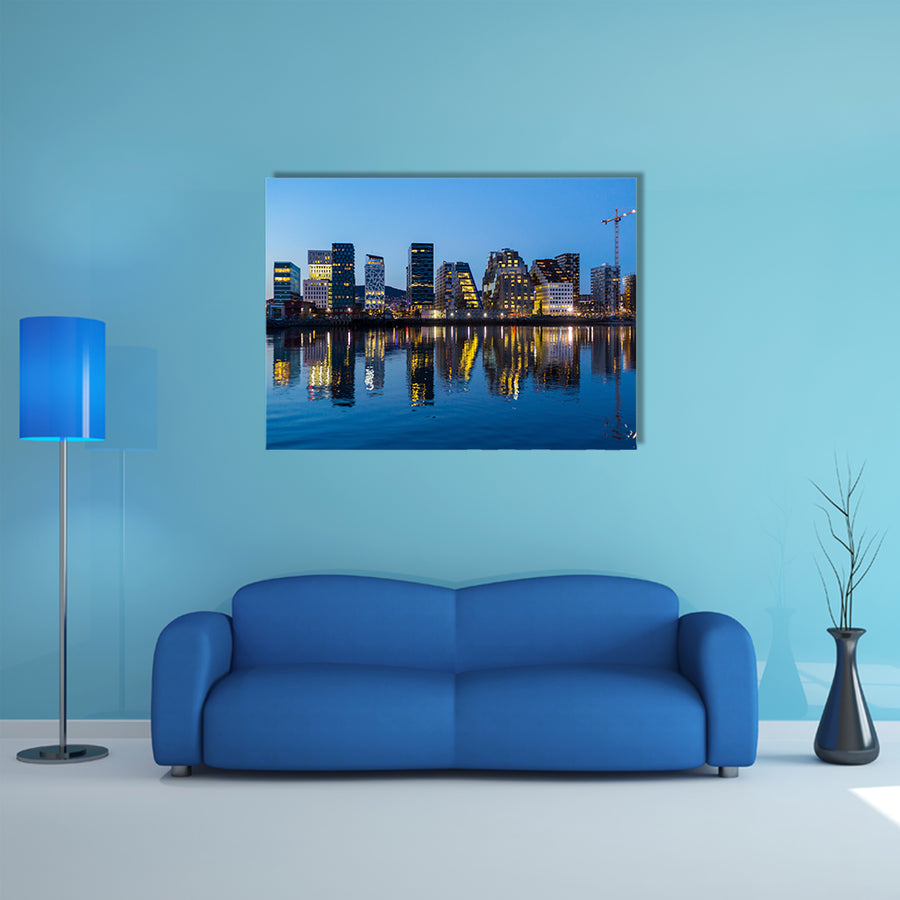 The Modern buildings in Oslo at twilight multi panel canvas wall art