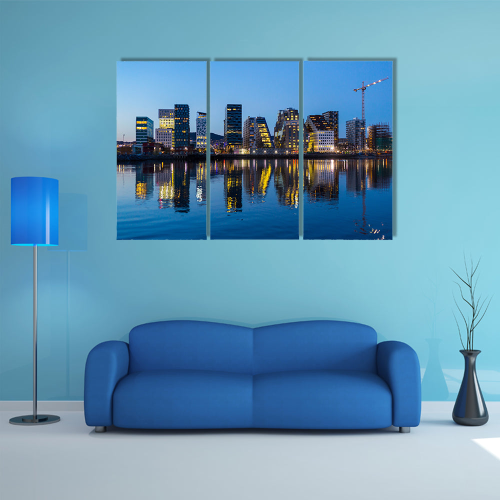 The Modern buildings in Oslo at twilight multi panel canvas wall art