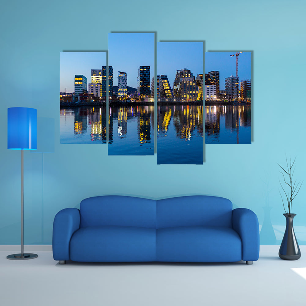The Modern buildings in Oslo at twilight multi panel canvas wall art