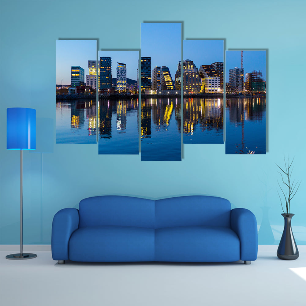 The Modern buildings in Oslo at twilight multi panel canvas wall art