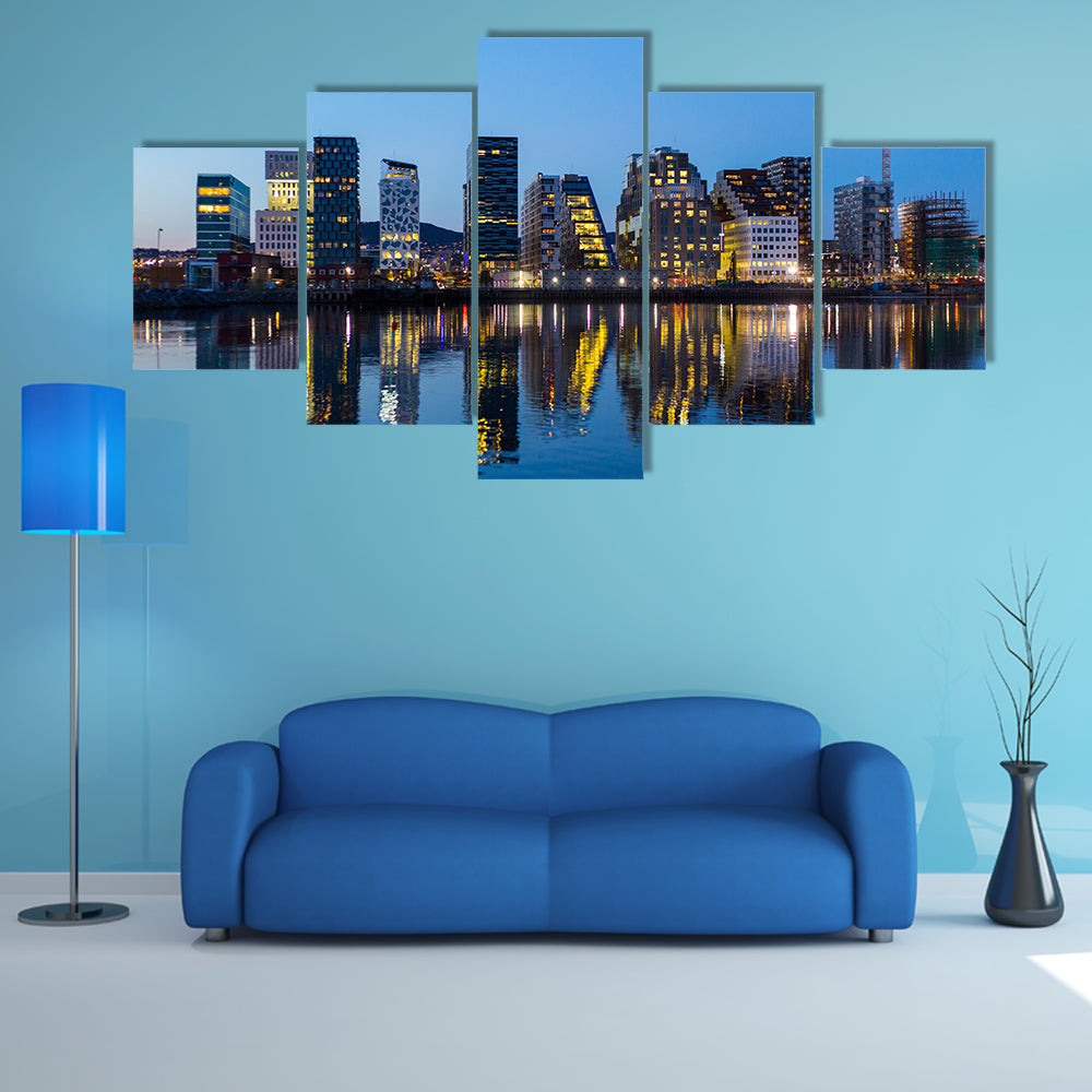The Modern buildings in Oslo at twilight multi panel canvas wall art