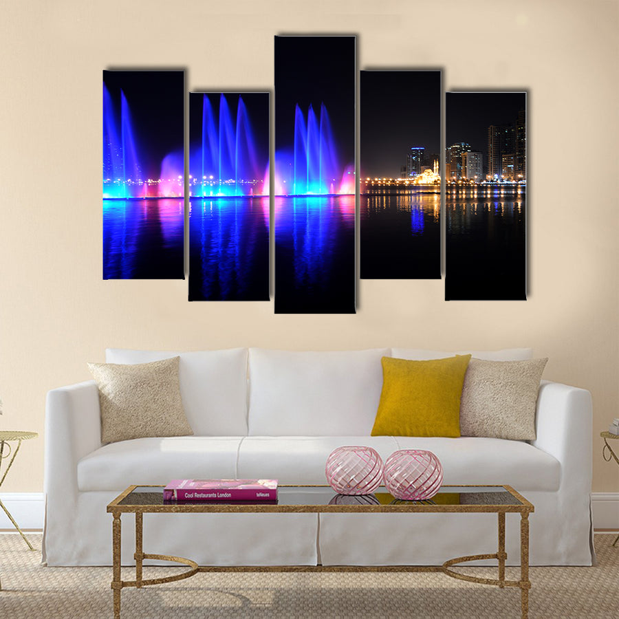 Colorful dancing fountain with mosque in the city  multi panel canvas wall art
