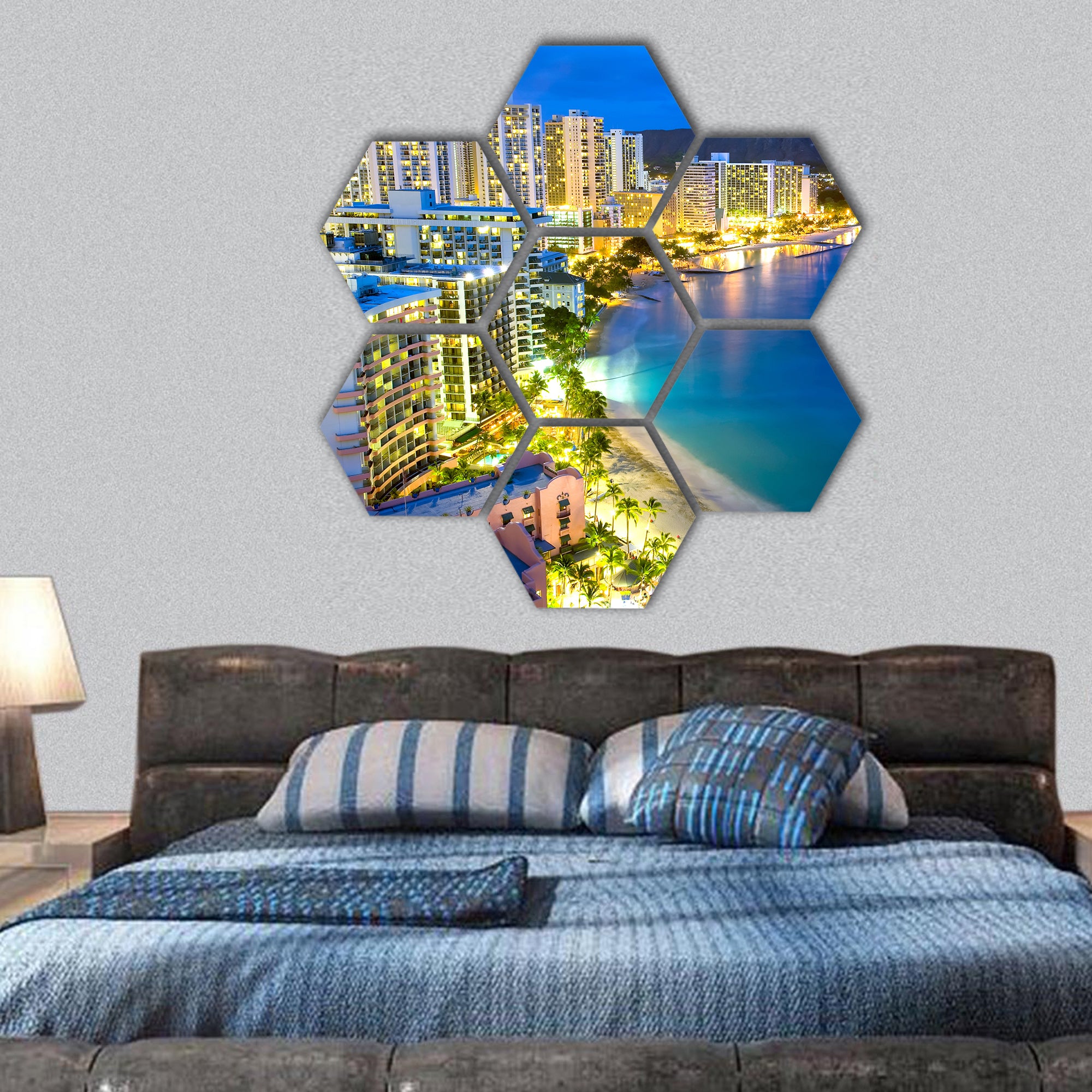 Skylines along seascape hexagonal canvas wall art