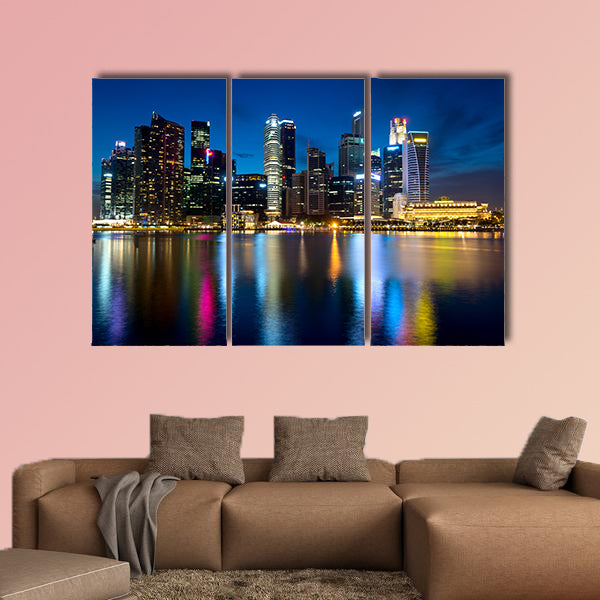 This image shows Singapore's skyline at night multi panel canvas wall art