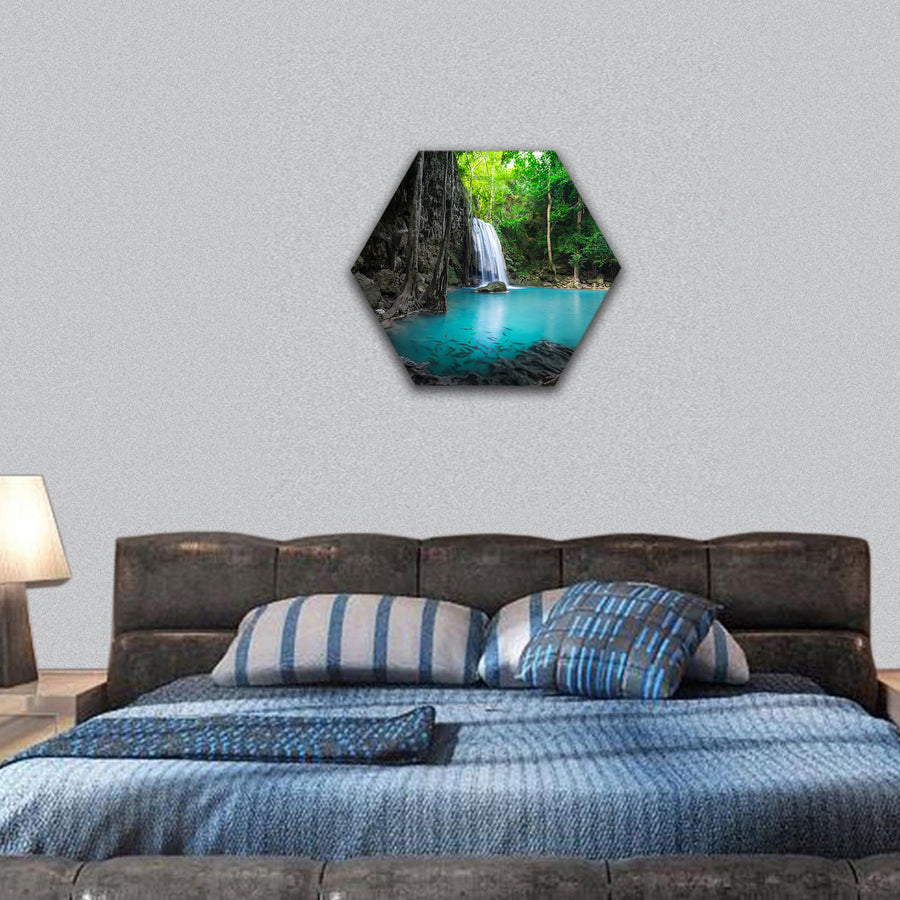 Jangle landscape with water of Erawan cascade waterfall hexagonal canvas wall art