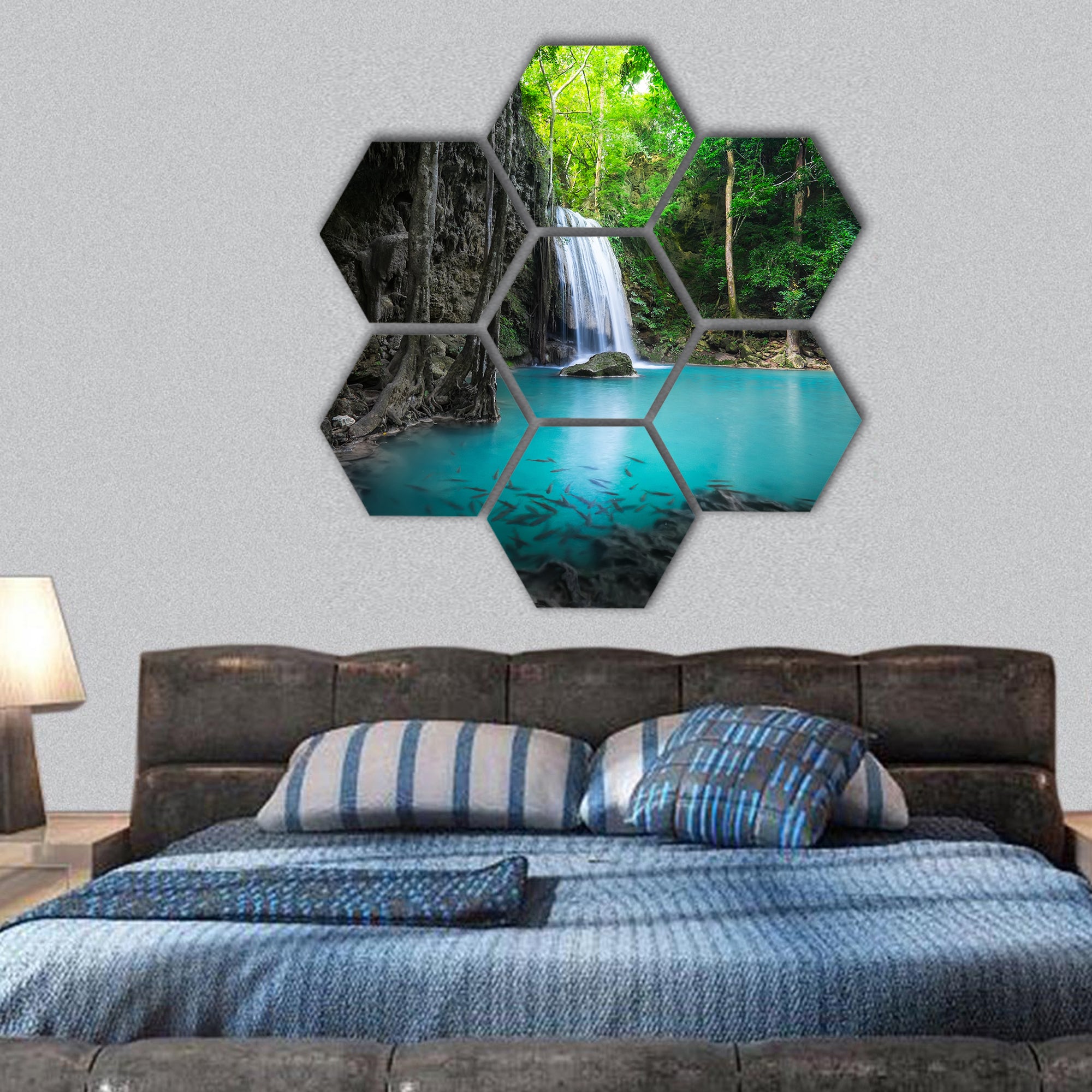 Jangle landscape with water of Erawan cascade waterfall hexagonal canvas wall art