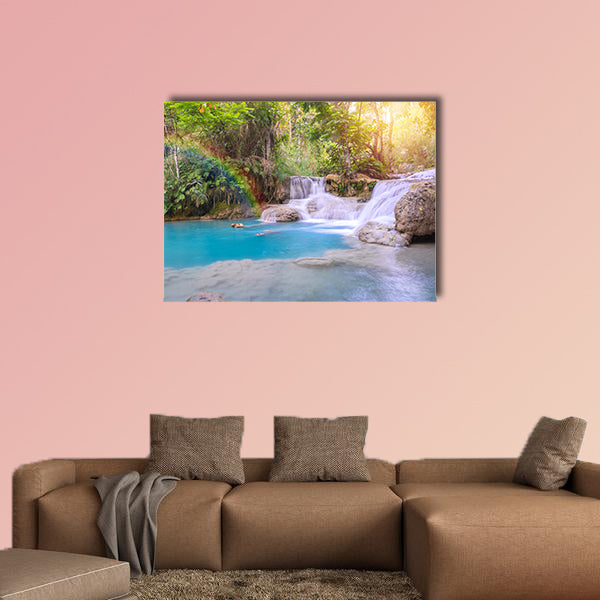 Waterfall in rain forest with rainbow Tat Kuang Si Waterfalls canvas wall art