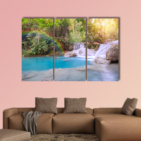 Waterfall in rain forest with rainbow Tat Kuang Si Waterfalls canvas wall art