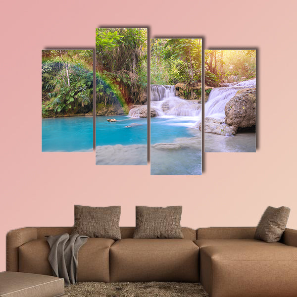 Waterfall in rain forest with rainbow Tat Kuang Si Waterfalls canvas wall art