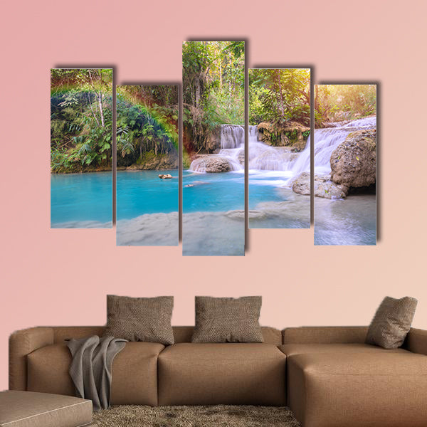 Waterfall in rain forest with rainbow Tat Kuang Si Waterfalls canvas wall art