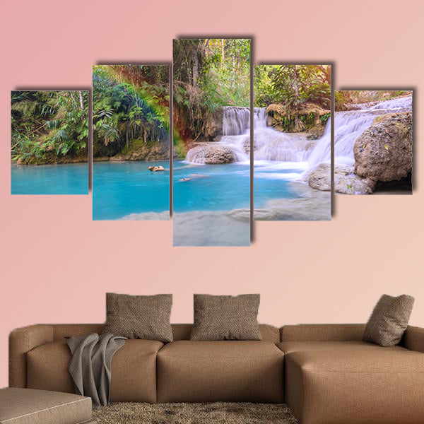 Waterfall in rain forest with rainbow Tat Kuang Si Waterfalls canvas wall art