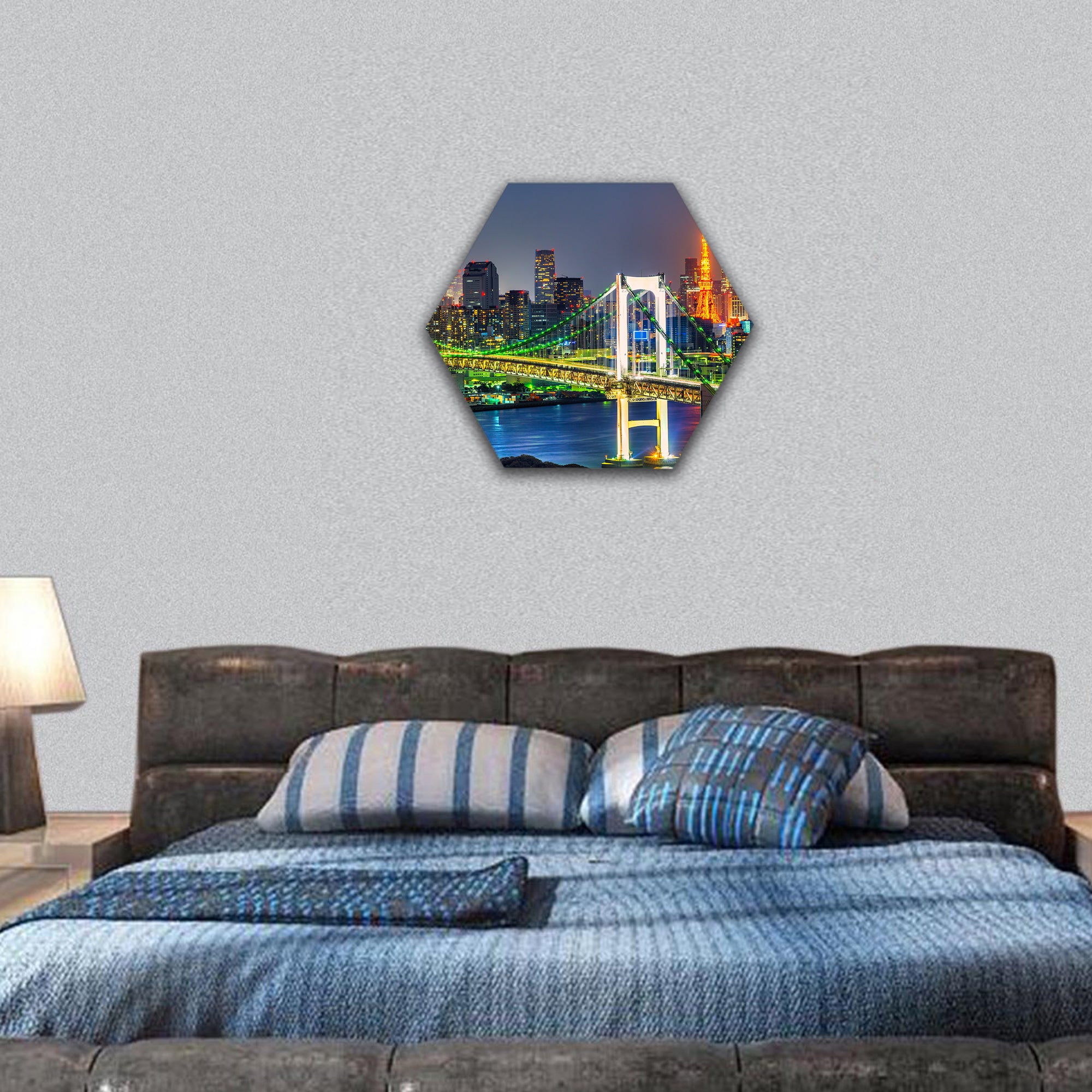 Tokyo skyline with Tokyo tower and rainbow bridge hexagonal canvas wall art