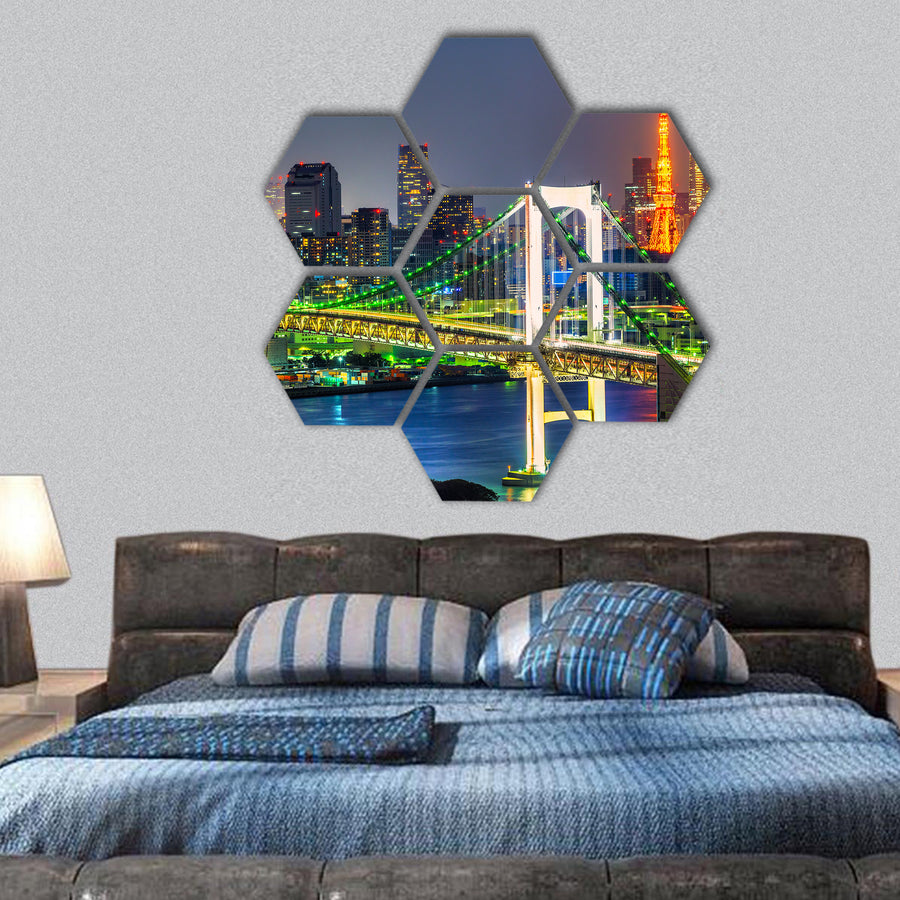 Tokyo skyline with Tokyo tower and rainbow bridge hexagonal canvas wall art