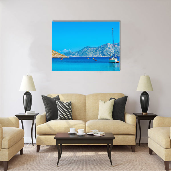 Sport yacht on anchor in silent bay on Greek Island Multi Panel Canvas Wall Art