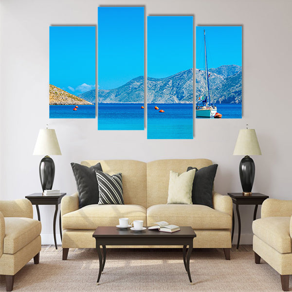 Sport yacht on anchor in silent bay on Greek Island Multi Panel Canvas Wall Art