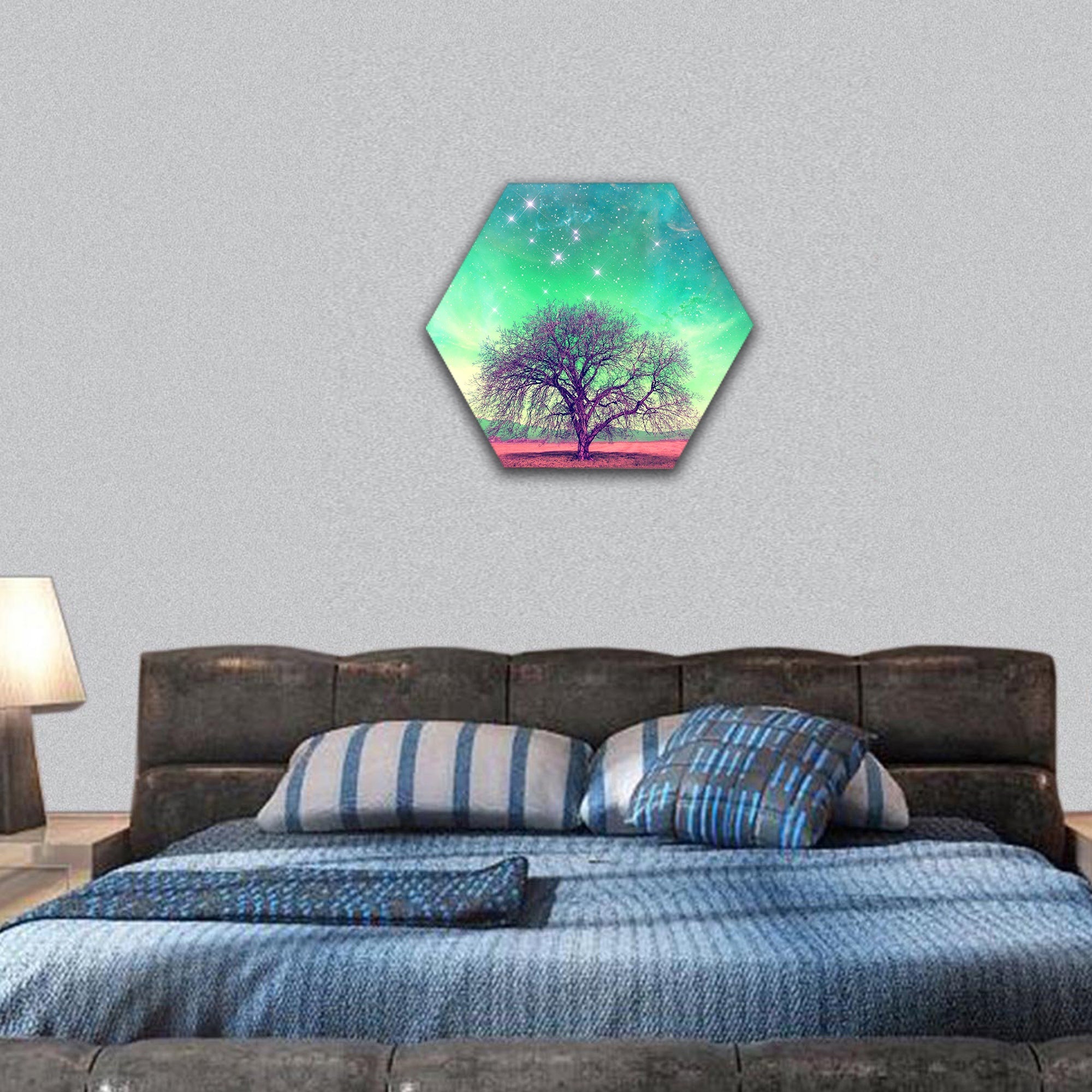 red alien landscape with alone tree over the night sky hexagonal canvas wall art