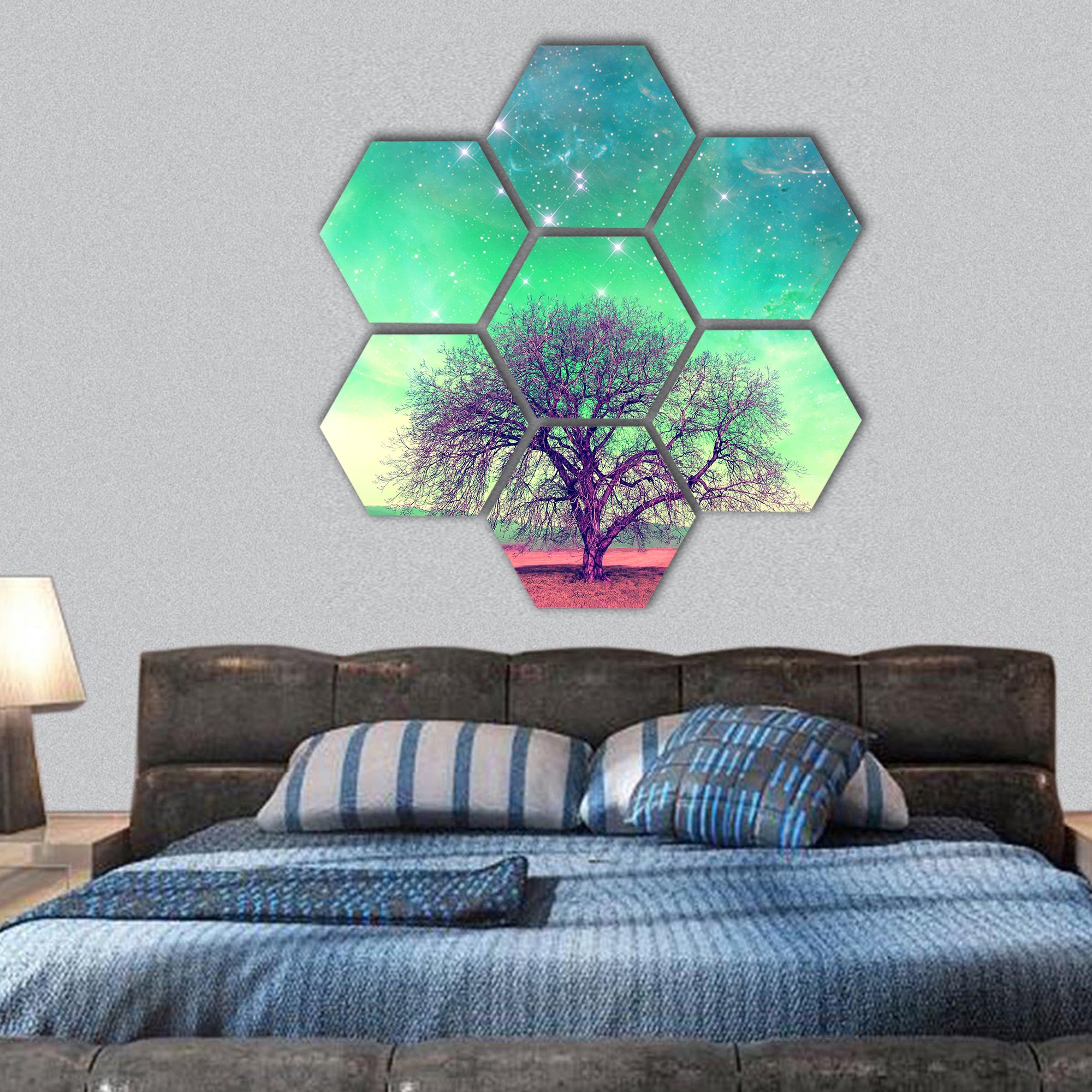 red alien landscape with alone tree over the night sky hexagonal canvas wall art