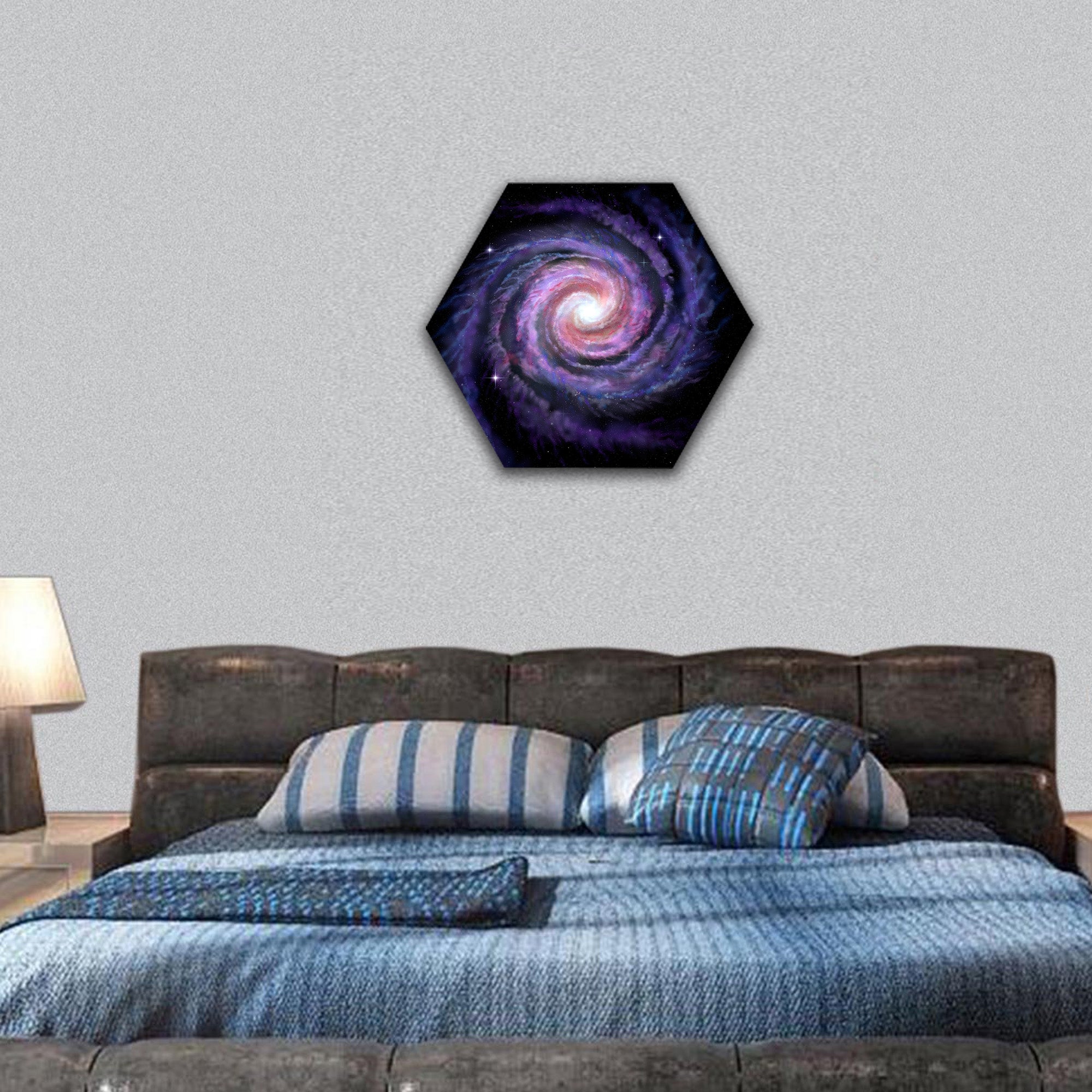 Spiral galaxy illustration of Milky Way hexagonal canvas wall art