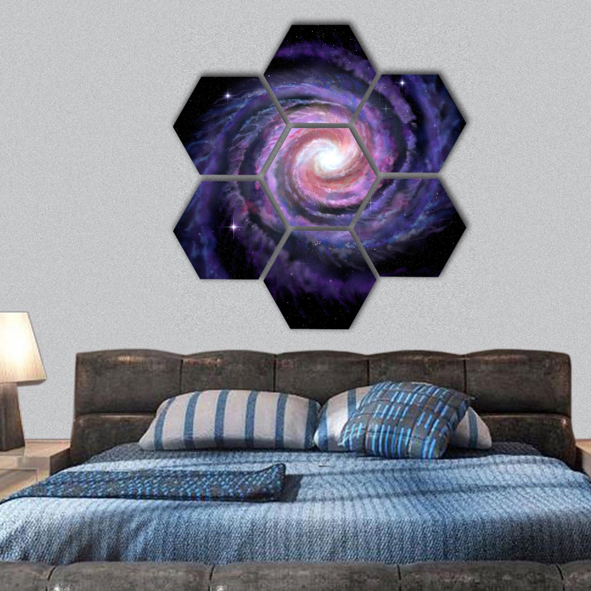 Spiral galaxy illustration of Milky Way hexagonal canvas wall art