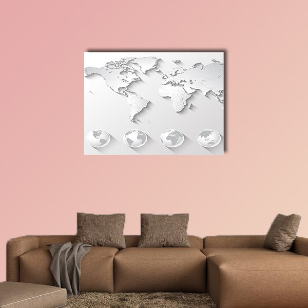 A high quality world map in tones of grey with a cool flat shaded Shadow multi panel canvas wall art