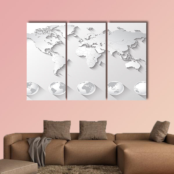 A high quality world map in tones of grey with a cool flat shaded Shadow multi panel canvas wall art