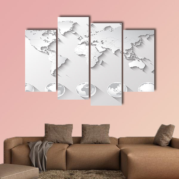 A high quality world map in tones of grey with a cool flat shaded Shadow multi panel canvas wall art