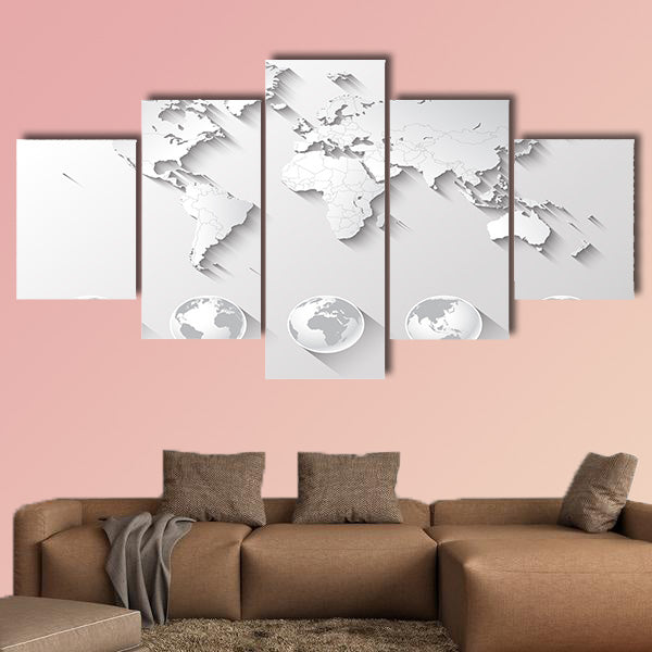 A high quality world map in tones of grey with a cool flat shaded Shadow multi panel canvas wall art