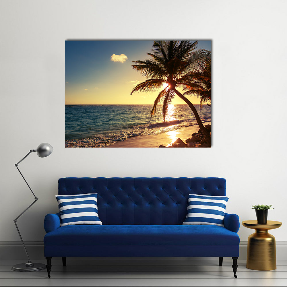 Palm tree on the tropical beach, sunrise shot multi panel canvas wall art