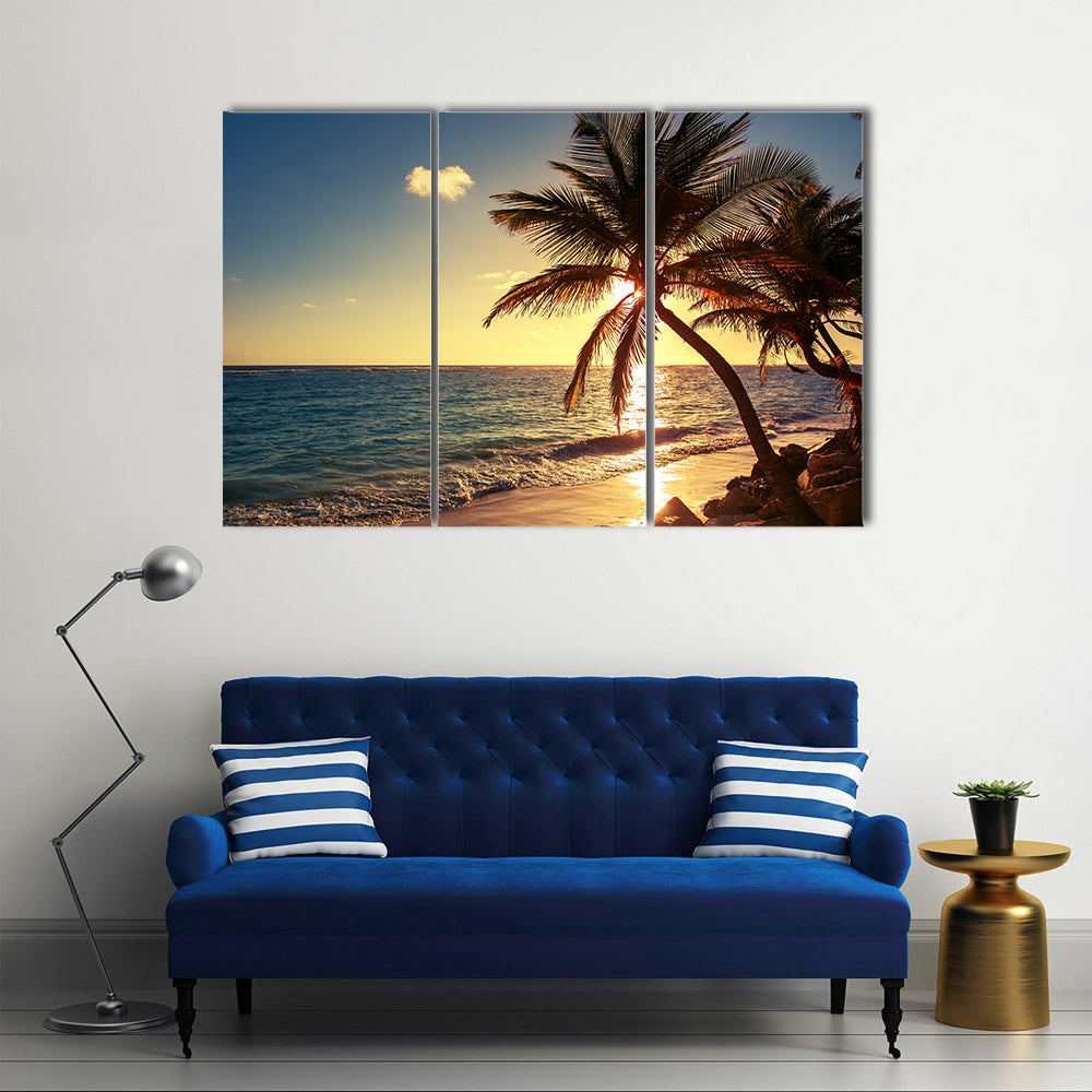 Palm tree on the tropical beach, sunrise shot multi panel canvas wall art