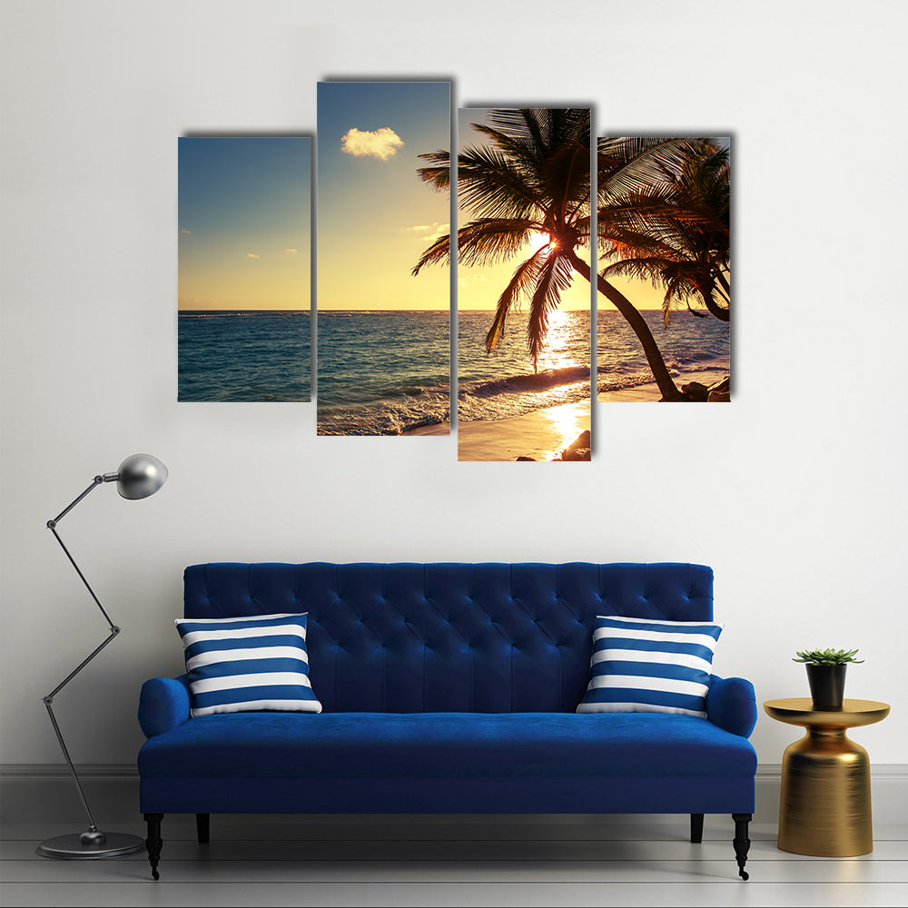 Palm tree on the tropical beach, sunrise shot multi panel canvas wall art