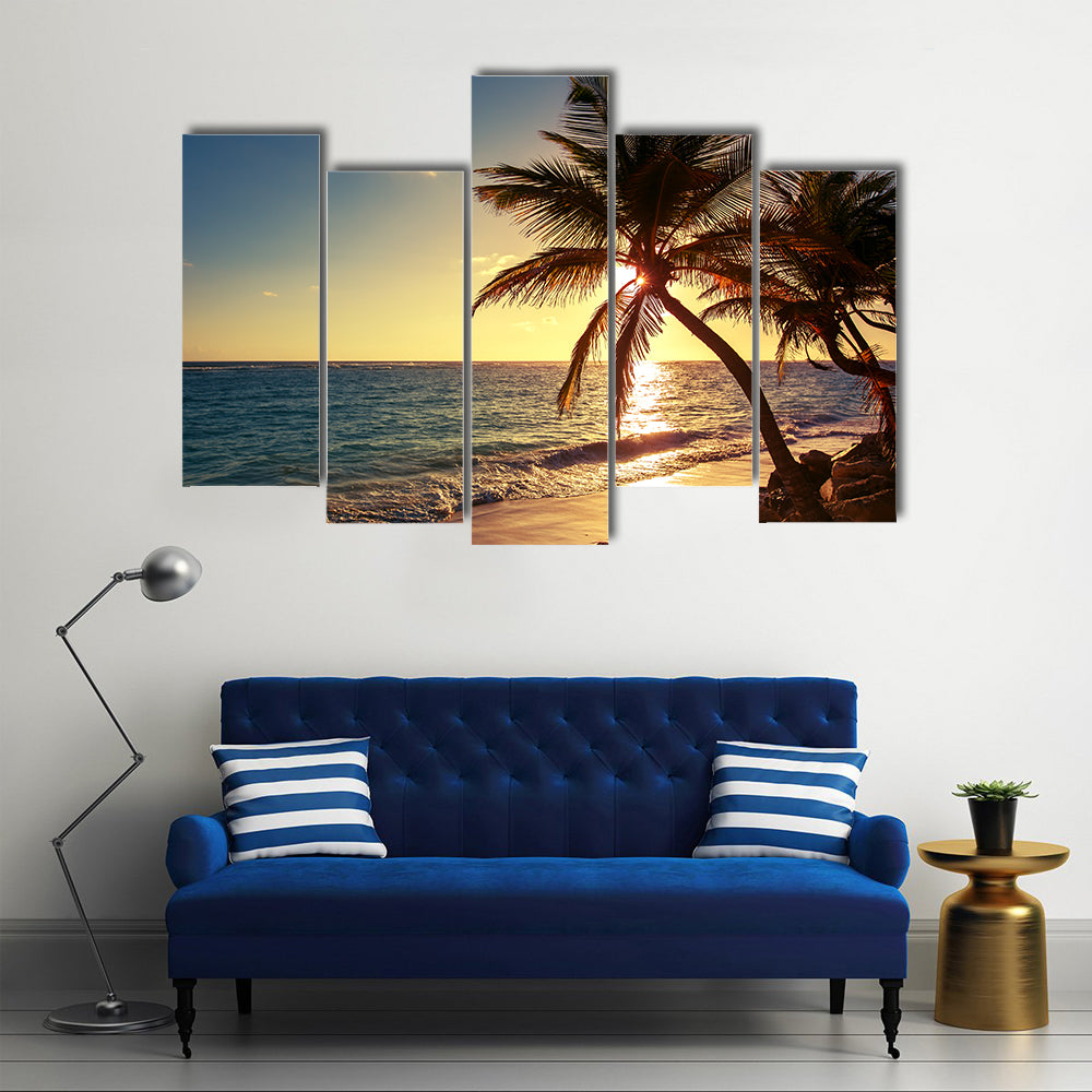 Palm tree on the tropical beach, sunrise shot multi panel canvas wall art