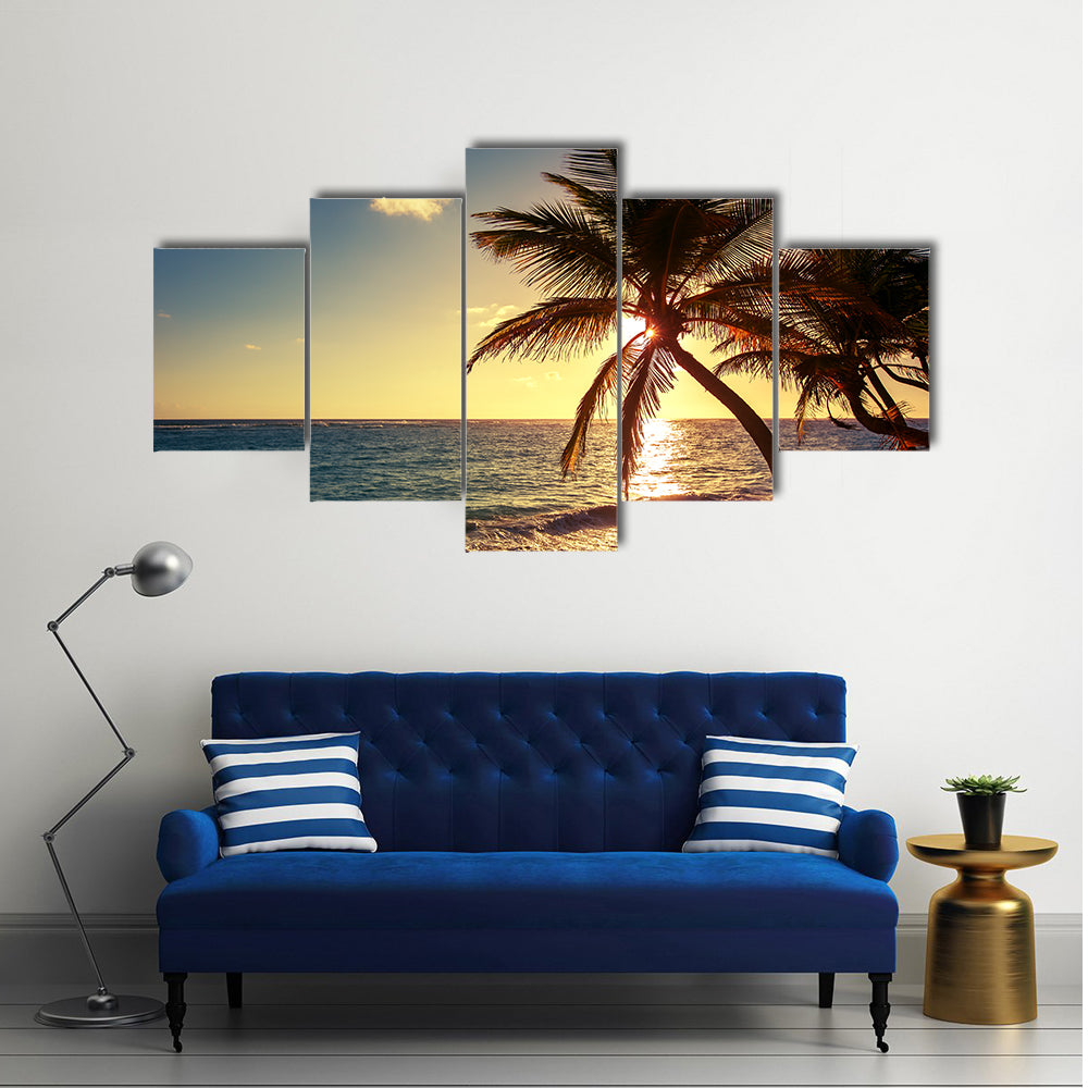 Palm tree on the tropical beach, sunrise shot multi panel canvas wall art