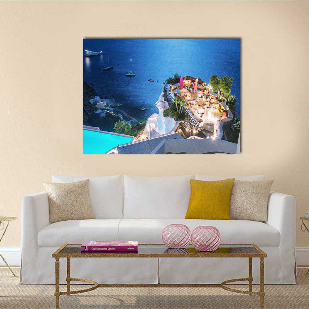 A Restaurant Terrace Over The Ocean At Night Multi Panel Canvas Wall Art
