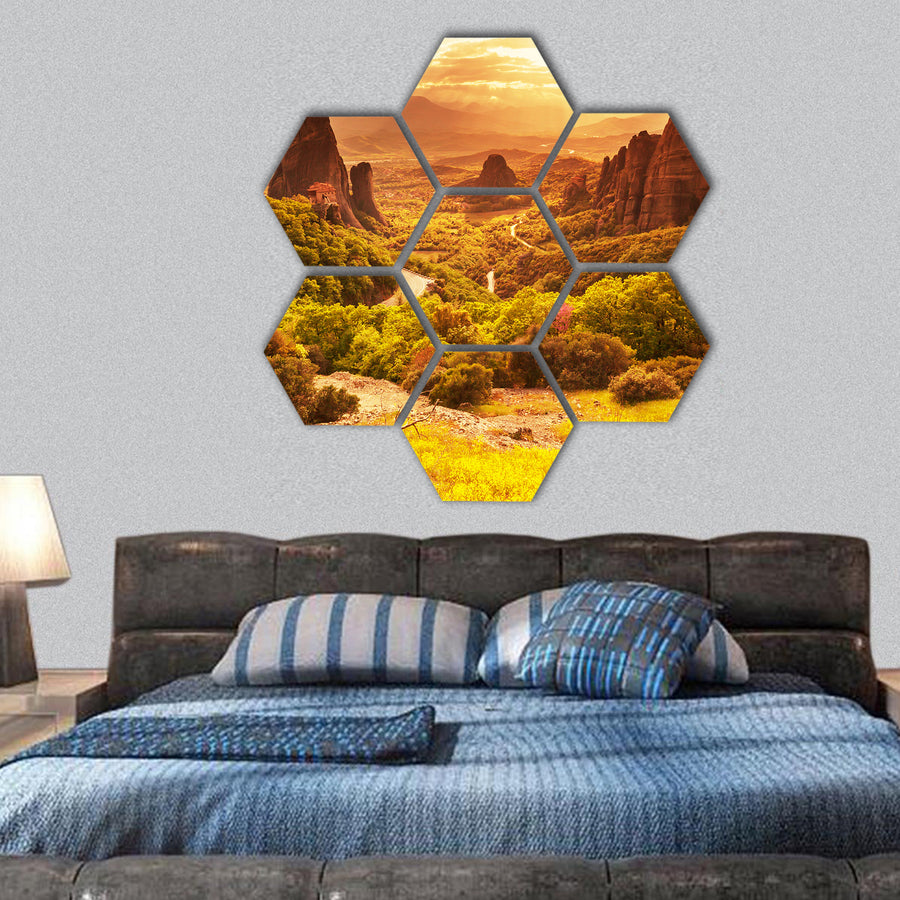Meteora monasteries in Greece hexagonal canvas wall art