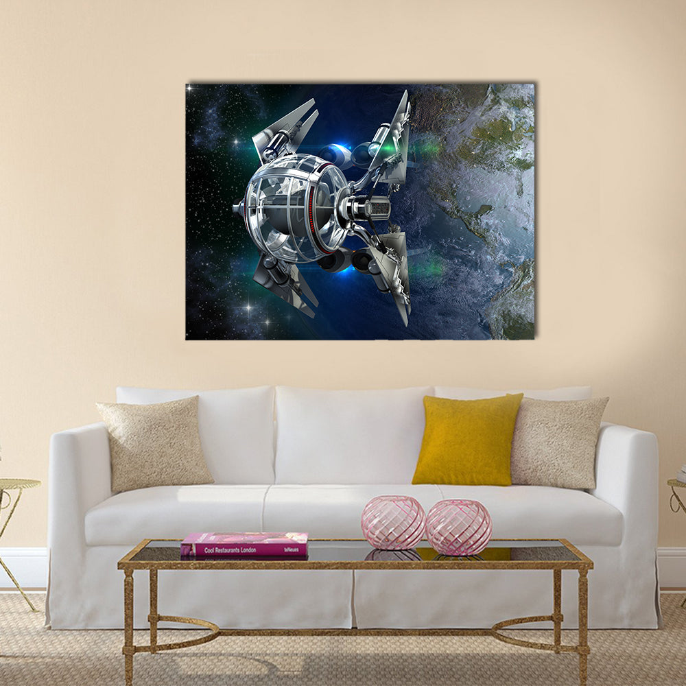 Alien Spaceship With Spherical Drone Leaving Earth For Deep Space Travel Scenery Multi Panel Canvas Wall Art