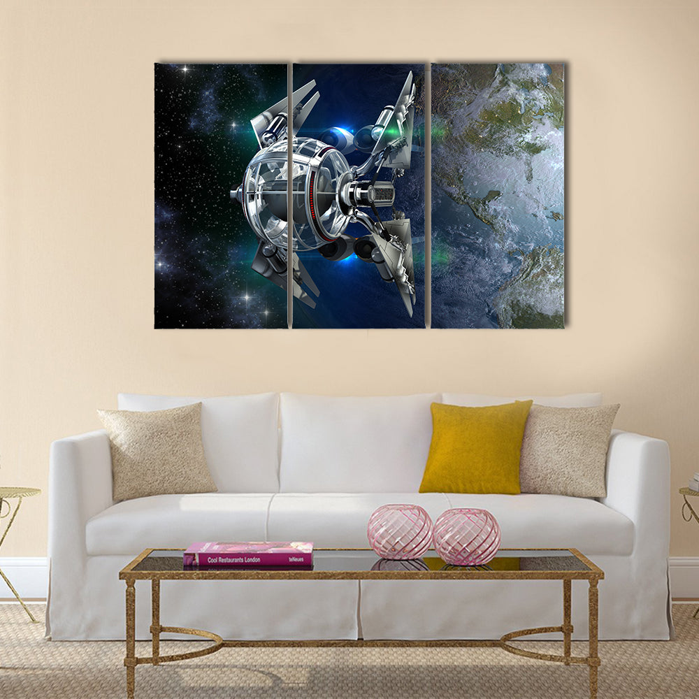 Alien Spaceship With Spherical Drone Leaving Earth For Deep Space Travel Scenery Multi Panel Canvas Wall Art