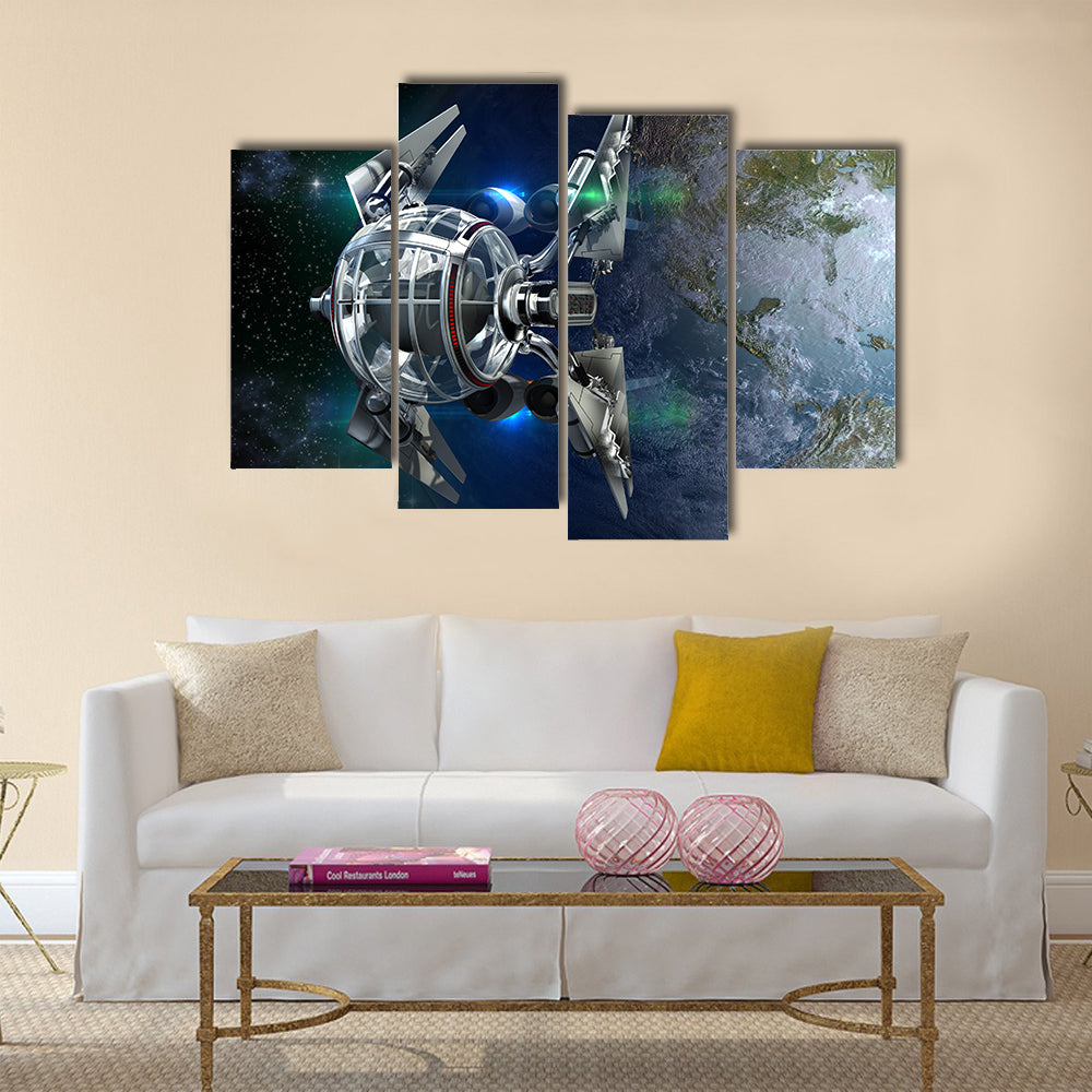 Alien Spaceship With Spherical Drone Leaving Earth For Deep Space Travel Scenery Multi Panel Canvas Wall Art